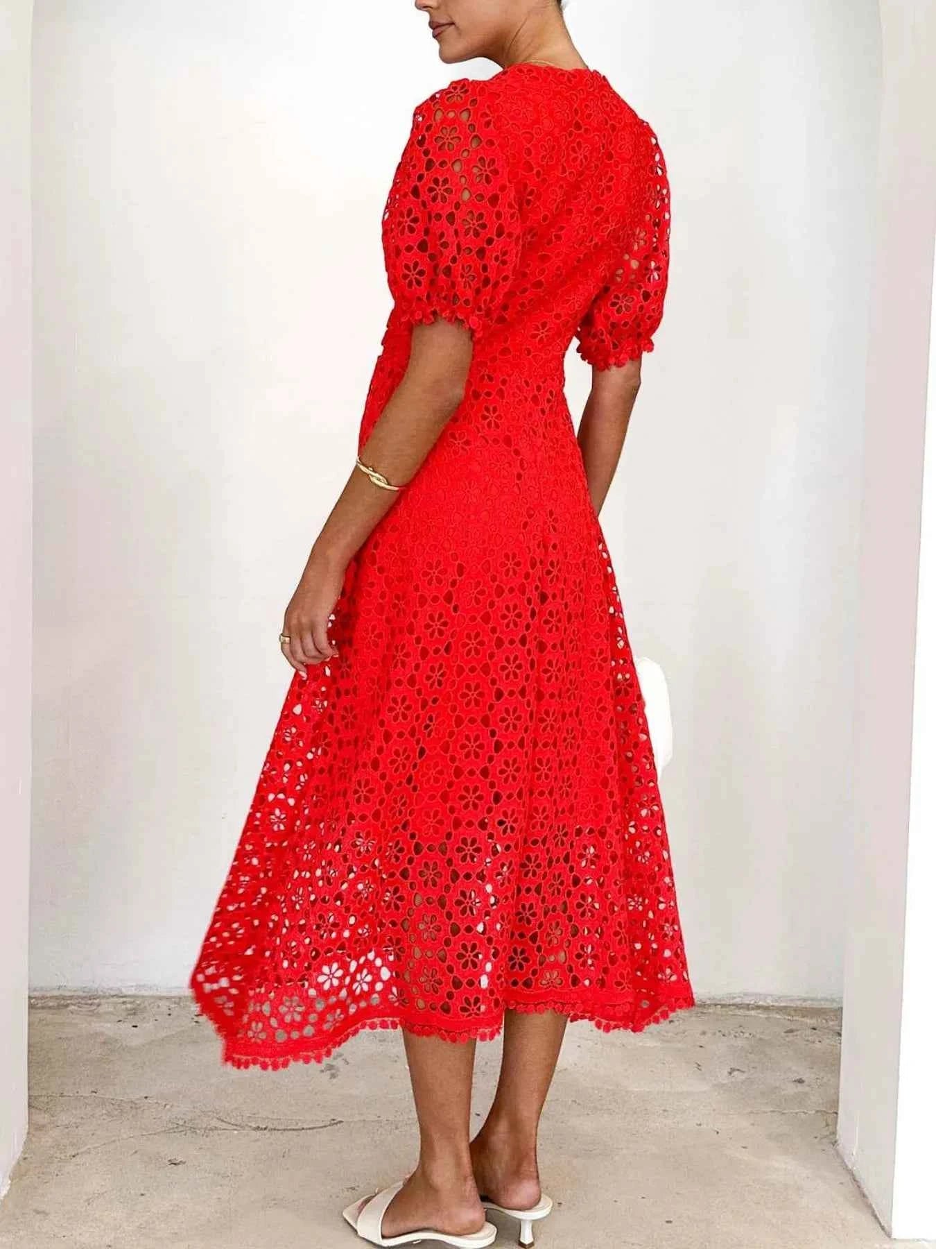Eyelet Lace V-Neck Midi Dress with Puff Sleeves 9e604a9b-abc2-4de2-8b89-3ac9084b9cab-Max-Origin