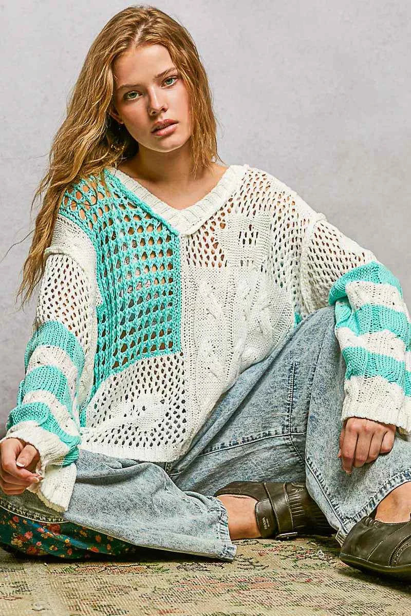 POL Color-Blocked Stripe Pattern Knit Top with Twisted Weave 9e607c5a-76c1-45d9-8257-40a2f308d3e4-Max-Origin