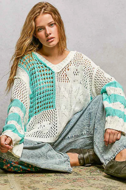 Color-Blocked Stripe Pattern Knit Top with Twisted Weave 9e607c5a-76c1-45d9-8257-40a2f308d3e4-Max-Origin