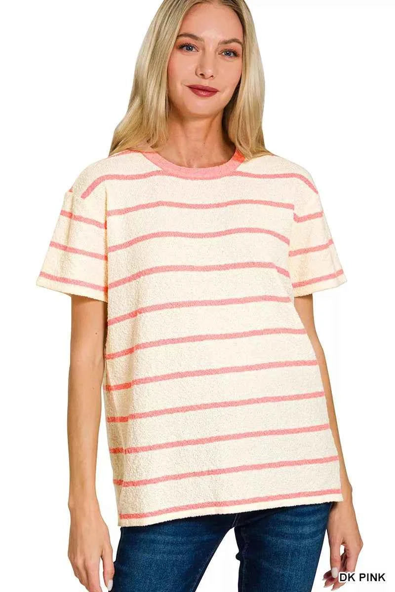 Zenana Textured Striped Crew Neck T-Shirt DK PINK 9e63c69990c046af89cac7a6bfbe9b41-Max-Origin