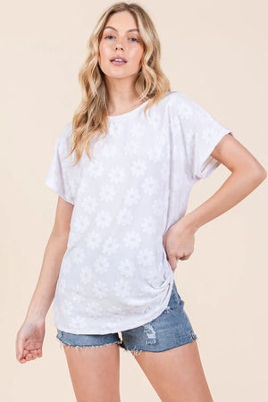 Floral Textured Short Sleeve T-Shirt - Soft Knit Top White 9e69355e-a59e-400b-b1cc-d0da0544249a-Max