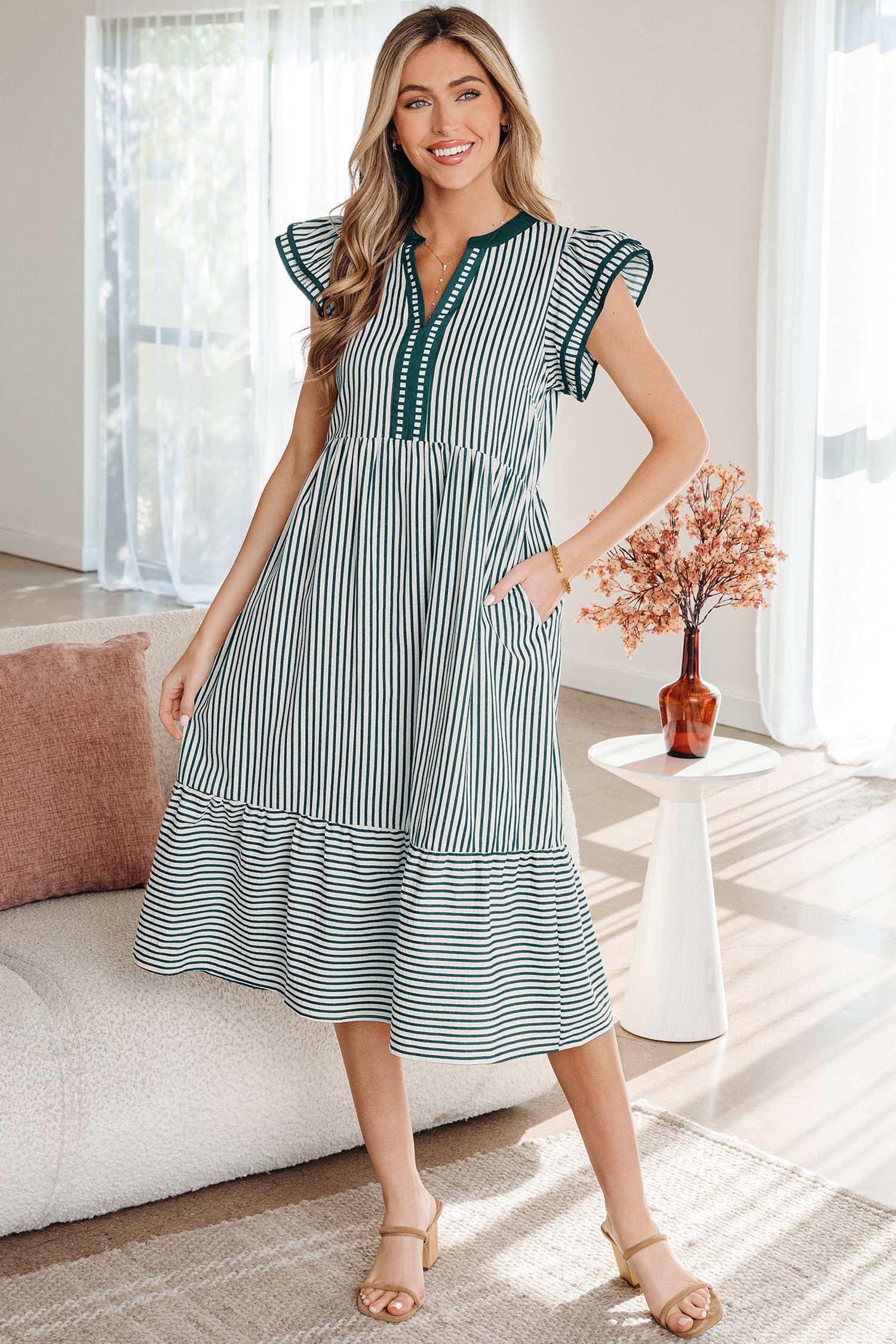 Black Stripe Double Ruffled Short Sleeve Contrast Trim V Neck Midi Dre – Posh Lana