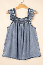 Ashleigh Blue Smocked Neck Frill Denim Sleeveless Top