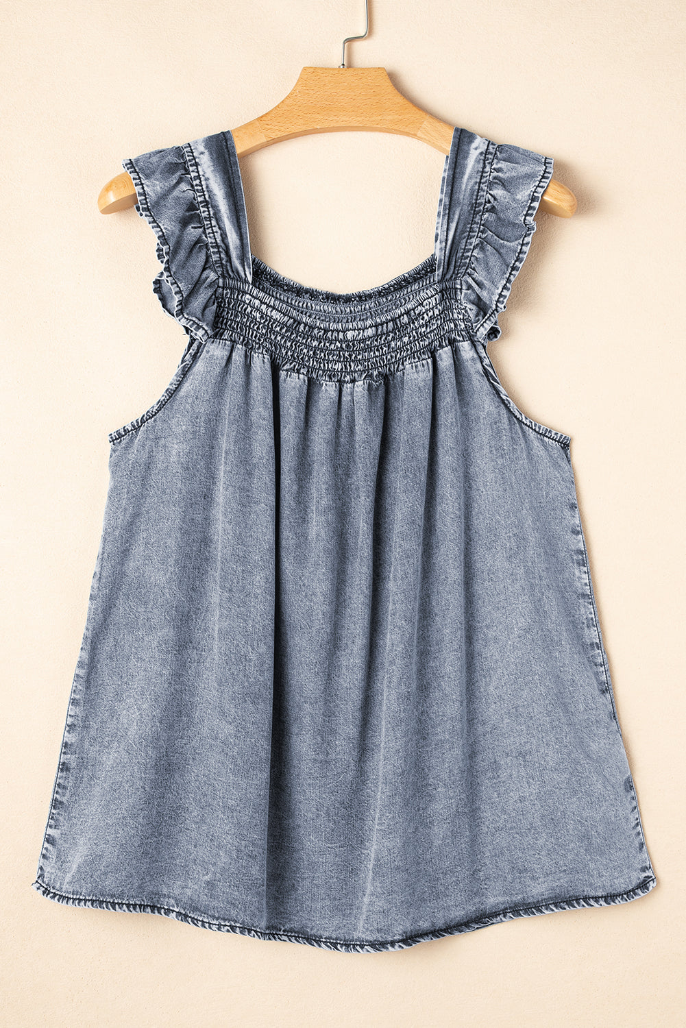 Ashleigh Blue Smocked Neck Frill Denim Sleeveless Top