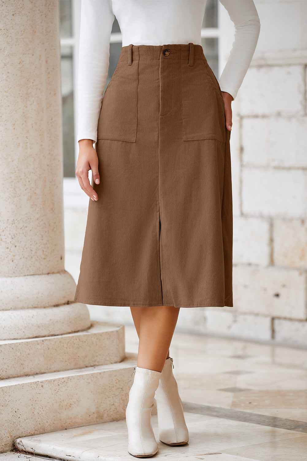 Black Front Slit Shift High Waist Midi Skirt Coffee 100%Polyester 9e765bc4b11e9298