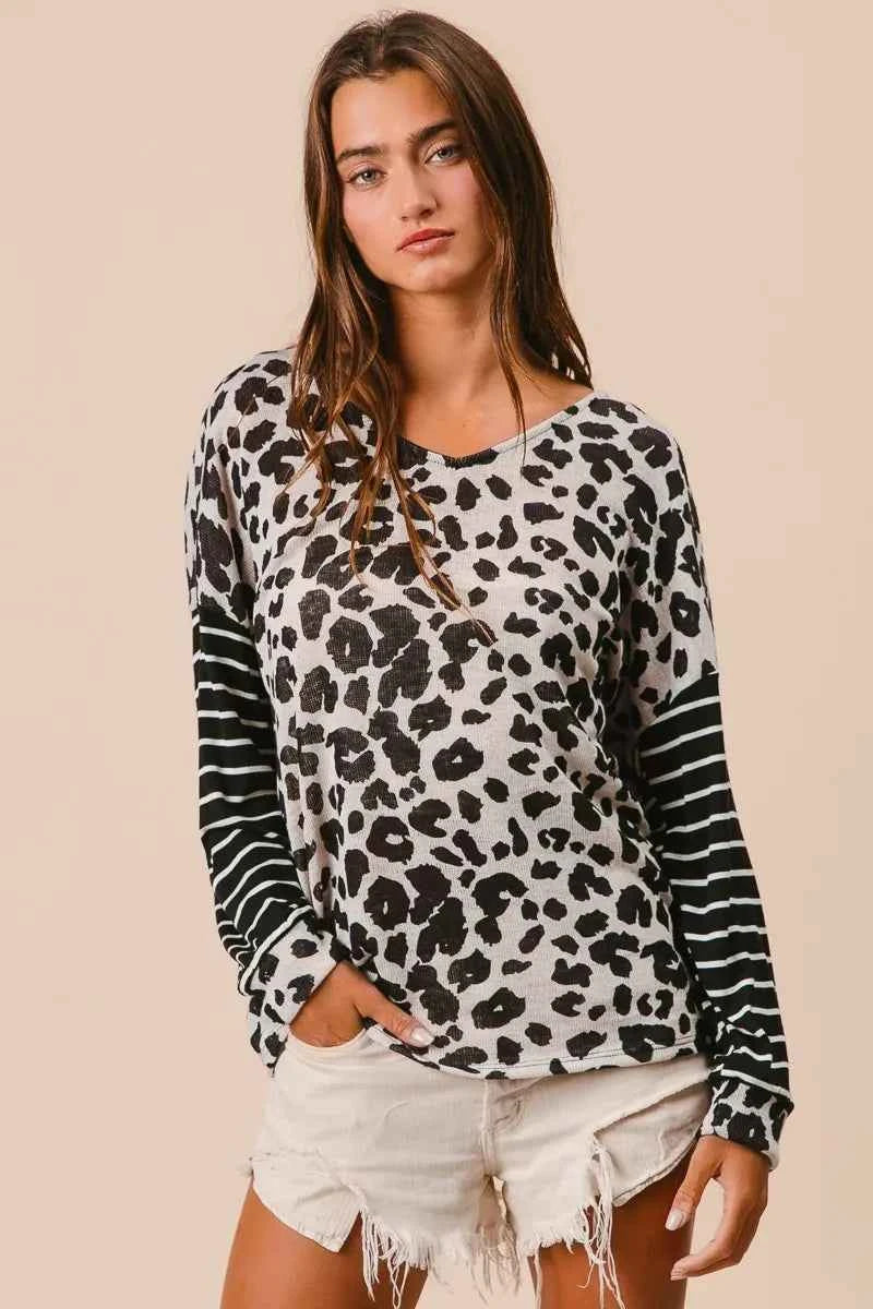 BiBi Leopard Hacci Knit Twist Back Top With Stripe Sleeve LEOPARD BLACK 9e7cc092c700486ca9d3dc5b5b6bbdda-Max-Origin