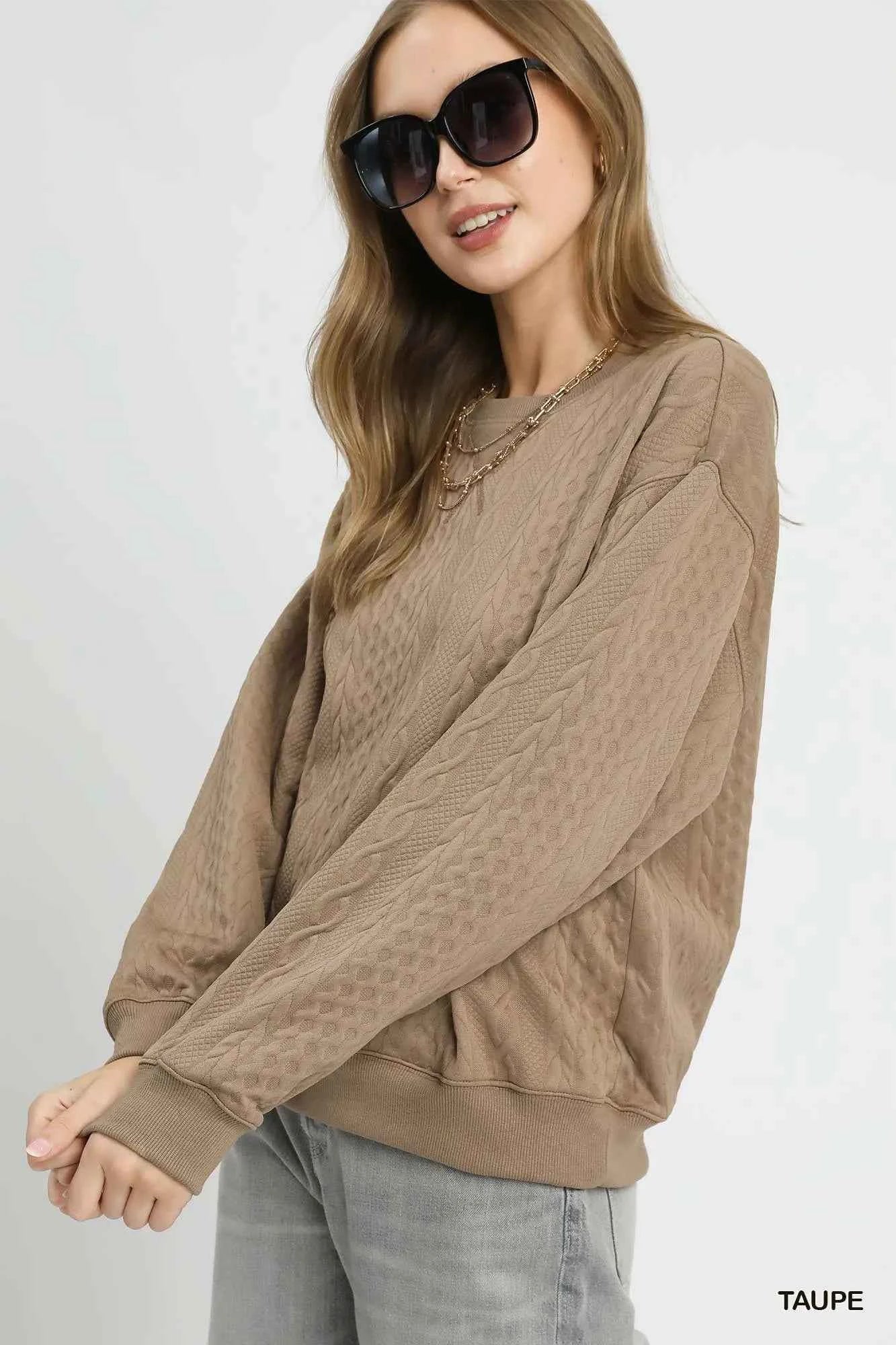Umgee Cable Texture Pattern Sweatshirt with Ribbed Hem 9e80958a-d9d6-4bf9-a1f2-b12c9d51f858-Max-Origin