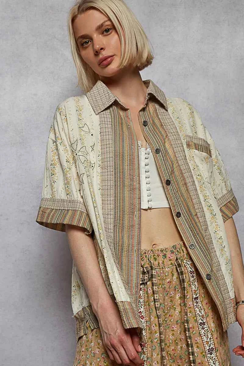 POL Printed Button Down Patchwork Short Sleeve Shirt 9e82fba0-27d1-4ce4-aa20-07c225db6c40-Max-Origin