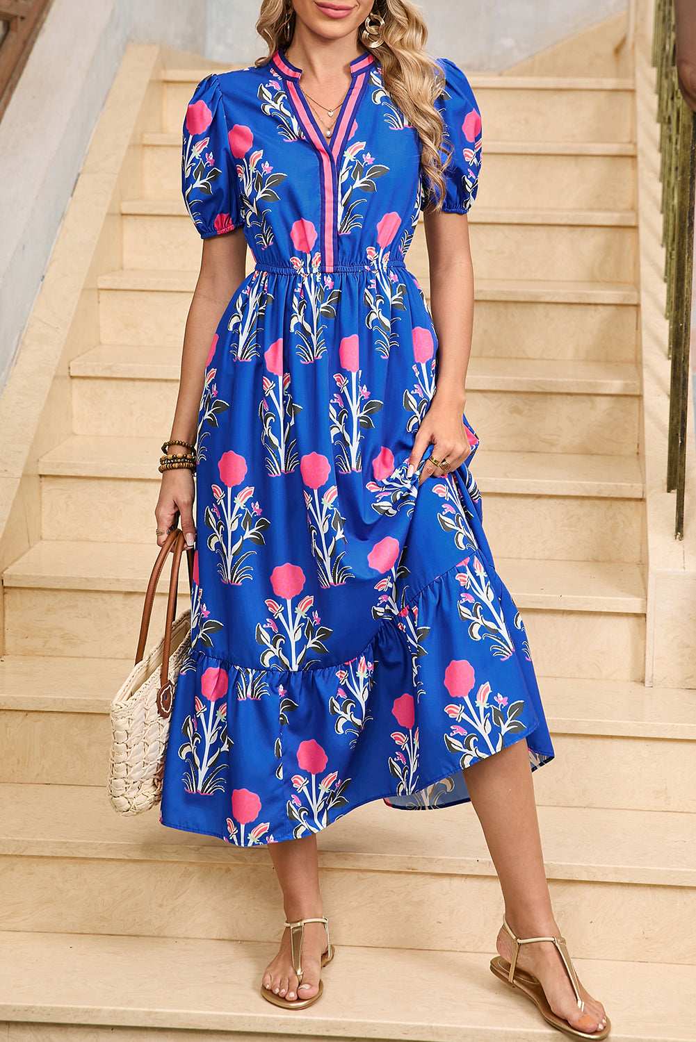 Blue Floral Ruffle Hem Pop of Color Neckline Dress Sky Blue 9e87b8055ca15056-_9