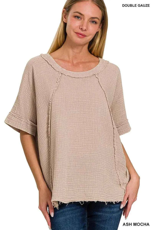 Zenana Washed Double Gauze Exposed Seam Short Sleeve Top 9e88a157526f47c288111627eb50f127-Max-Origin