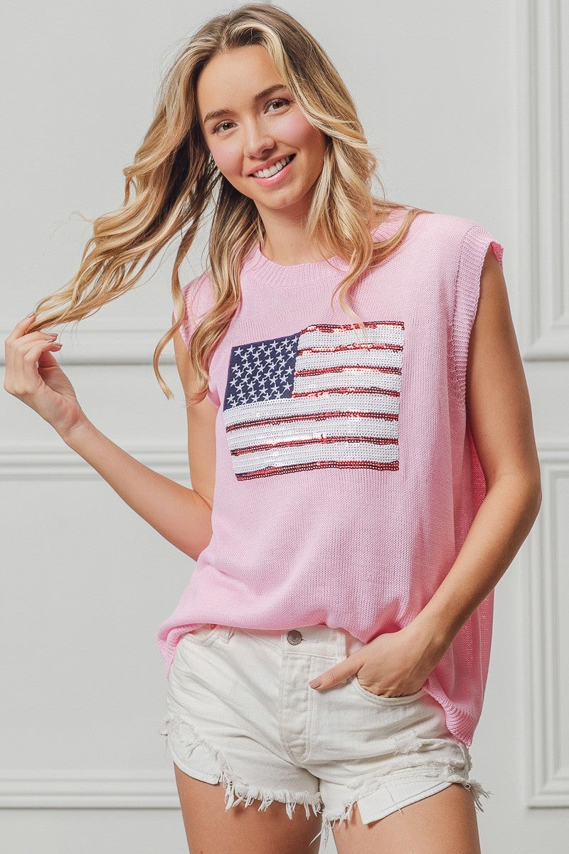 BiBi American Flag Sequins Patch Knit Top 9e8dd53c5a7e44eeb855eb50adb94c02-Max