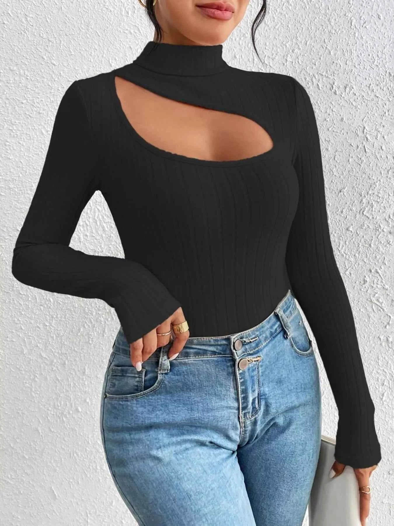 Ribbed Turtleneck Cutout Long Sleeve T-Shirt Black 9e8fe92fd3d04b439dd796e1e27a94c7-Max-Origin