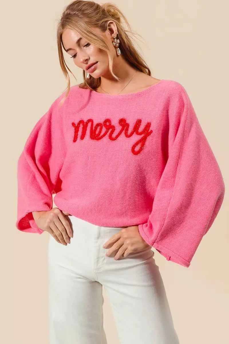 SO ME Merry Tinsel Lettering Christmas Sweater Top PINK RED 9e9185eca75c4e4bb947b087a2fd6110-Max-Origin