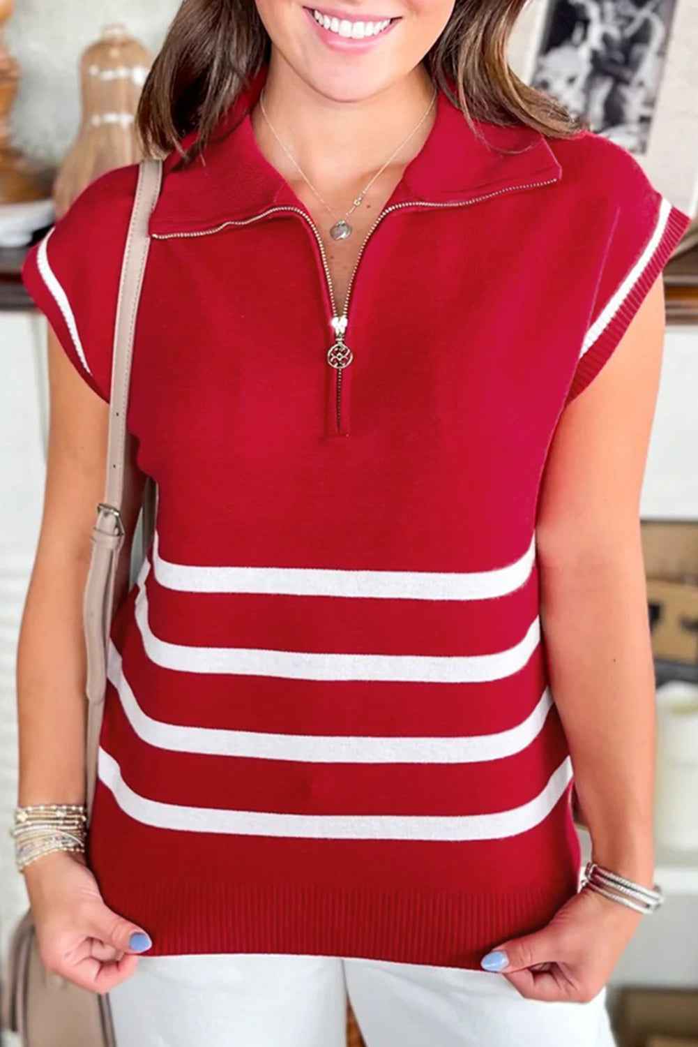 Fiery Red Quarter Zip Striped Detail Short Sleeve Sweater Fiery Red 52%Viscose+26%Polyester+22%Polyamide 9e9190e4acdf4742