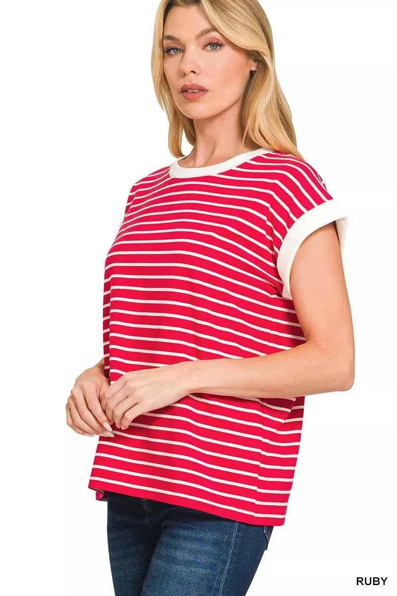 Zenana Full Size Contrast Trim Cap Sleeve Stripe Tee Plus Size 9e9b20a137ce412bb28755db143b2fba-Max-Origin