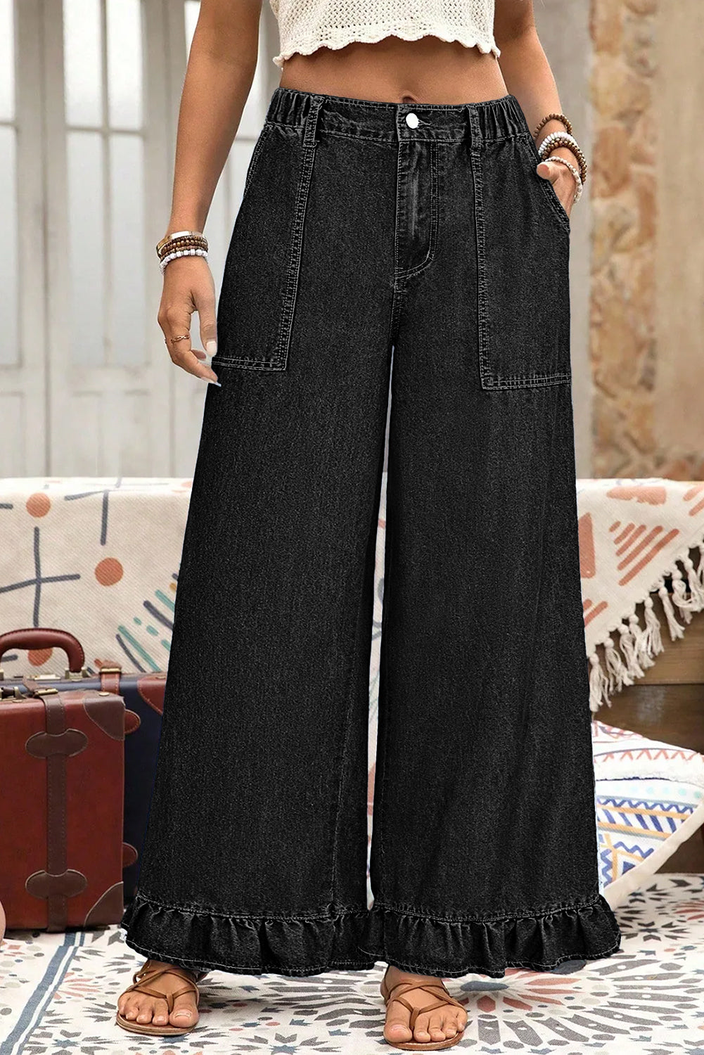 Black Plus Size Elastic Waist Ruffled Wide Leg Denim Pants 9e9cc73483463630
