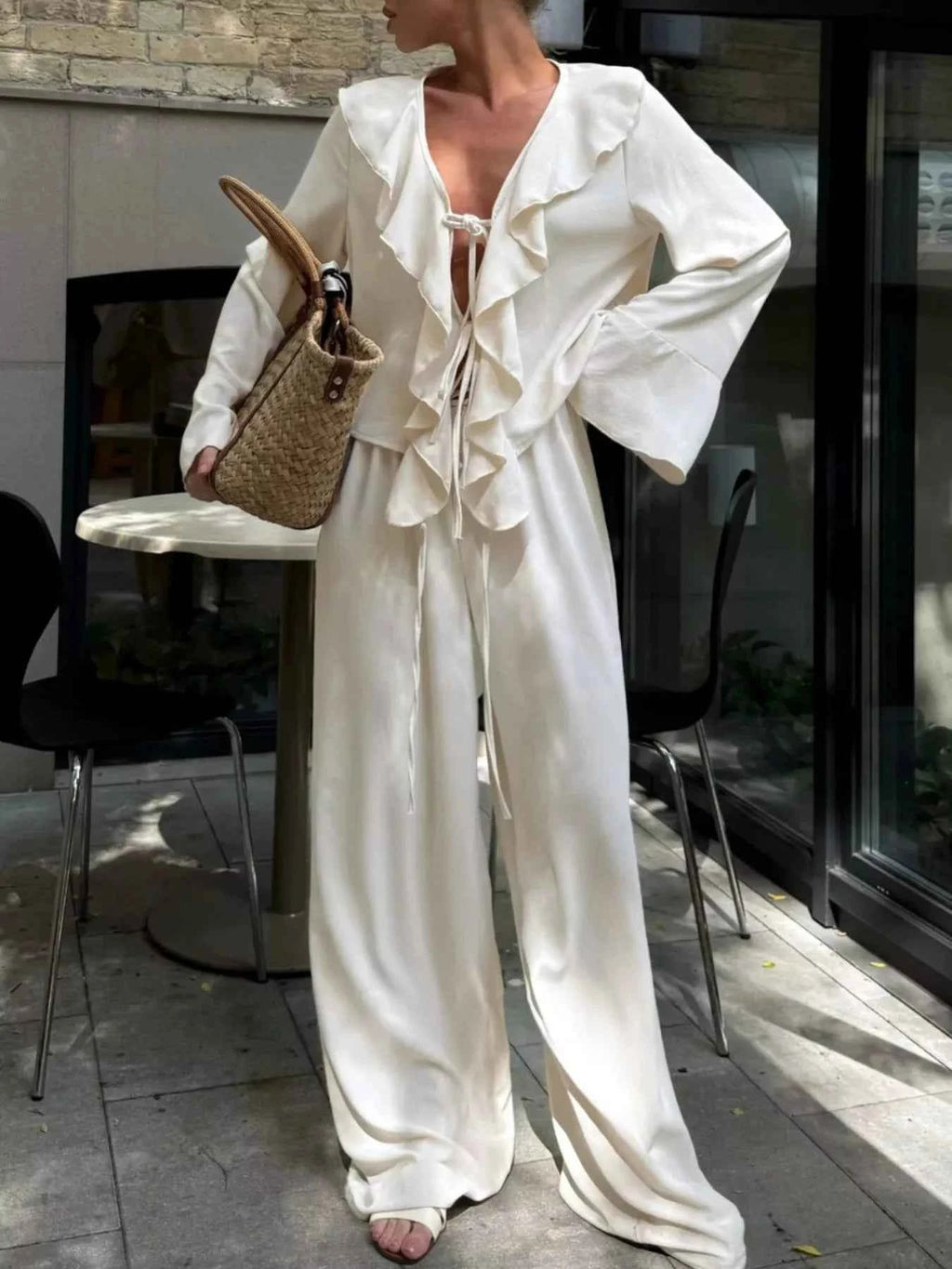 Ruffle Trim Tie Front Top and Pants Set 9e9d2017-8670-4782-a2d7-e297beba8110-Max-Origin