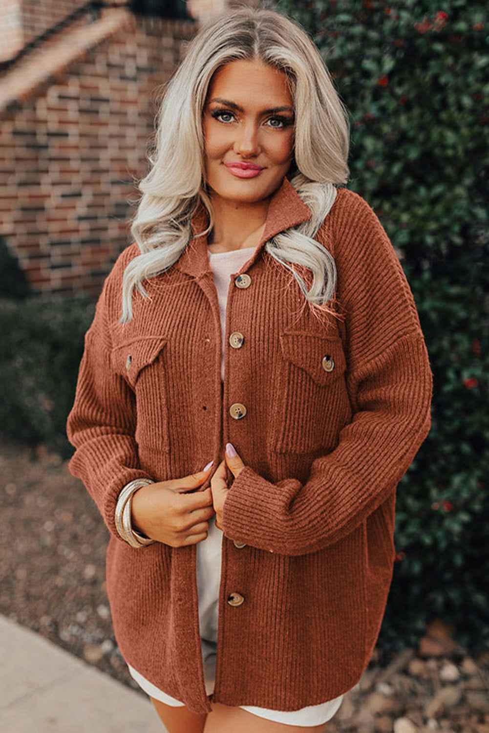 Medium Grey Ribbed Knit Buttons Front Flap Pocket Casual Shacket 9e9dd87a2d3f277b