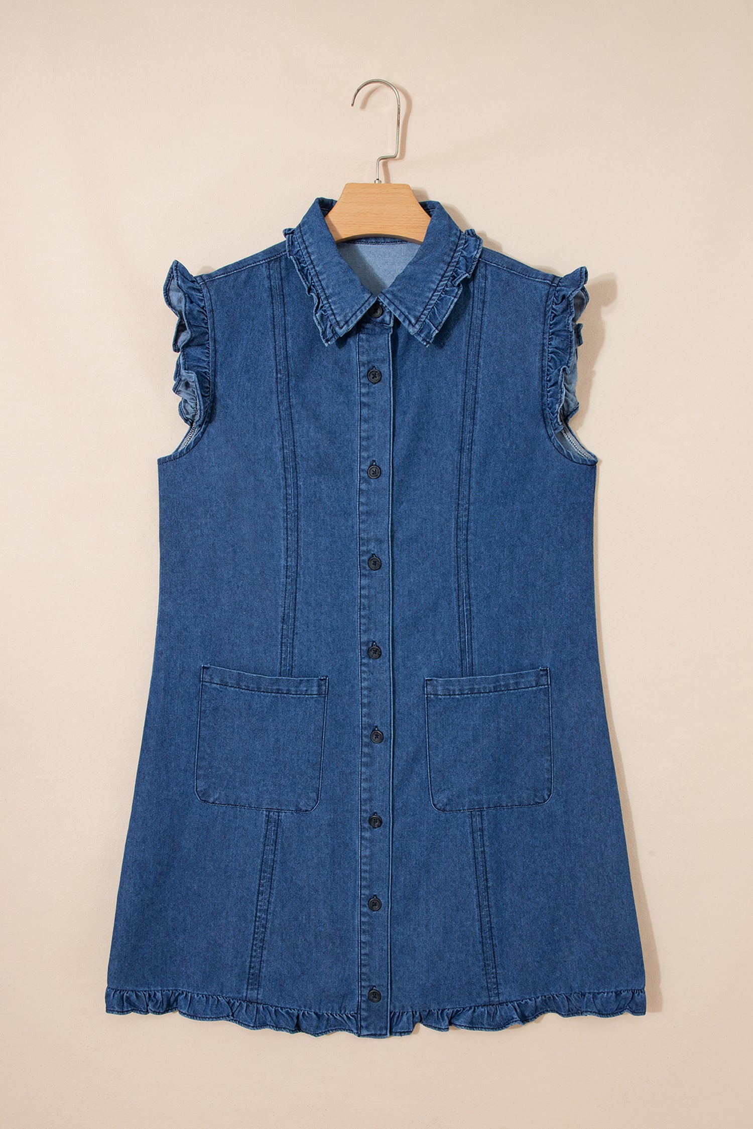 Sail Blue Ruffled Edge Collared Shift Denim Dress with Pockets 9eacd1b2fdca6ff5