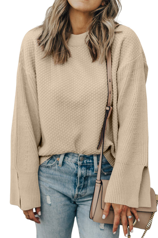 Parchment Solid Textured Knit Split Cuff Drop Shoulder Sweater 9eaefdf6e460d80b