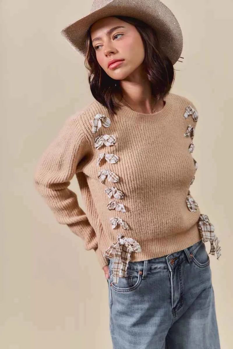 SO ME Checkered Plaid Tape Lace Up Ribbed Sweater 9ebdb85b7fb84d8aa82e4e64b6adaccc-Max-Origin