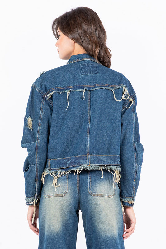Full Size Distressed Frayed Edge Zip Up Denim Jacket Plus Size 9ebe9fe8-d496-4a88-8840-431637d7e8bd-Max