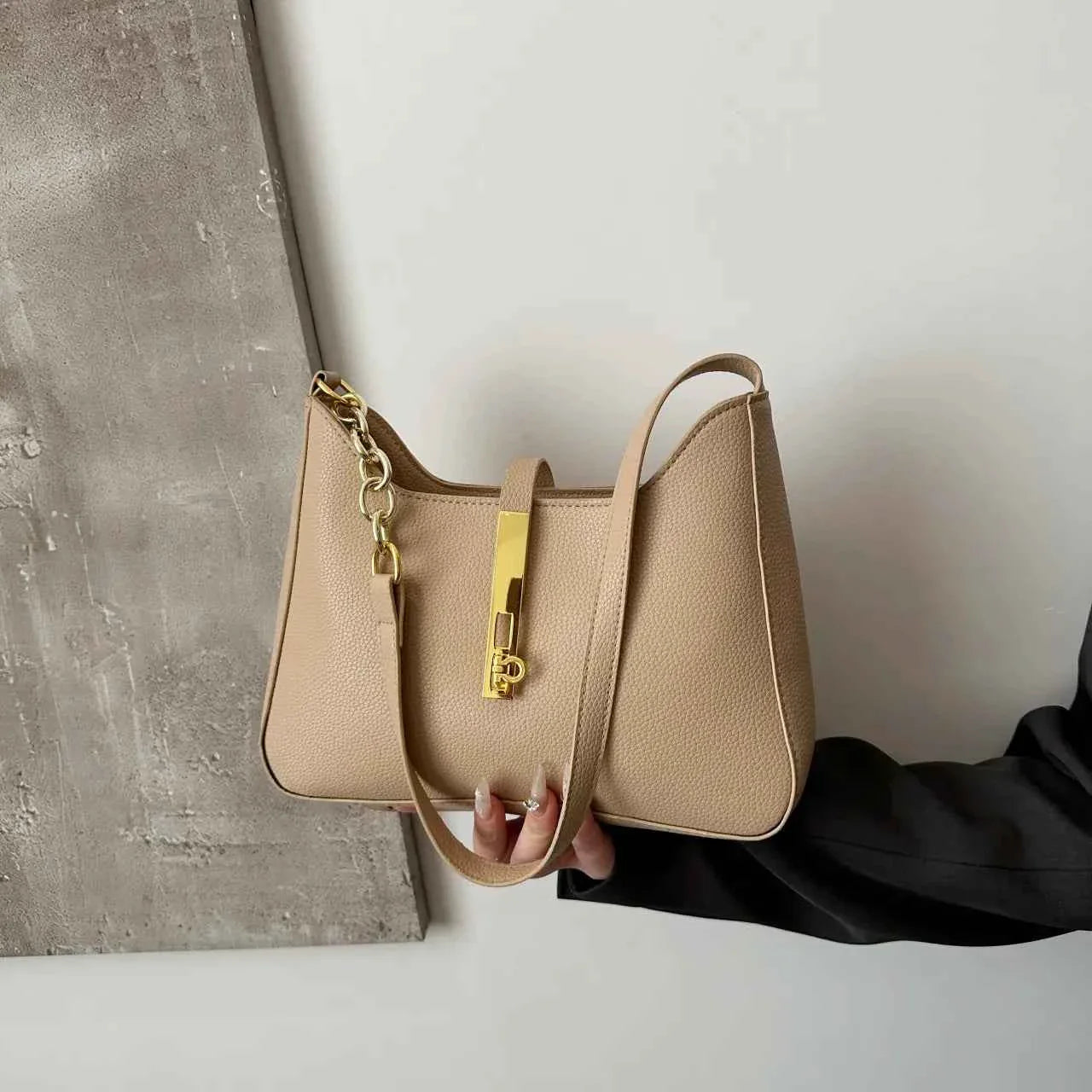 Leather Shoulder Bag with Gold Accent Khaki onesize 9ec70c0b289447d5a70604f799bcb6d7-Max-Origin