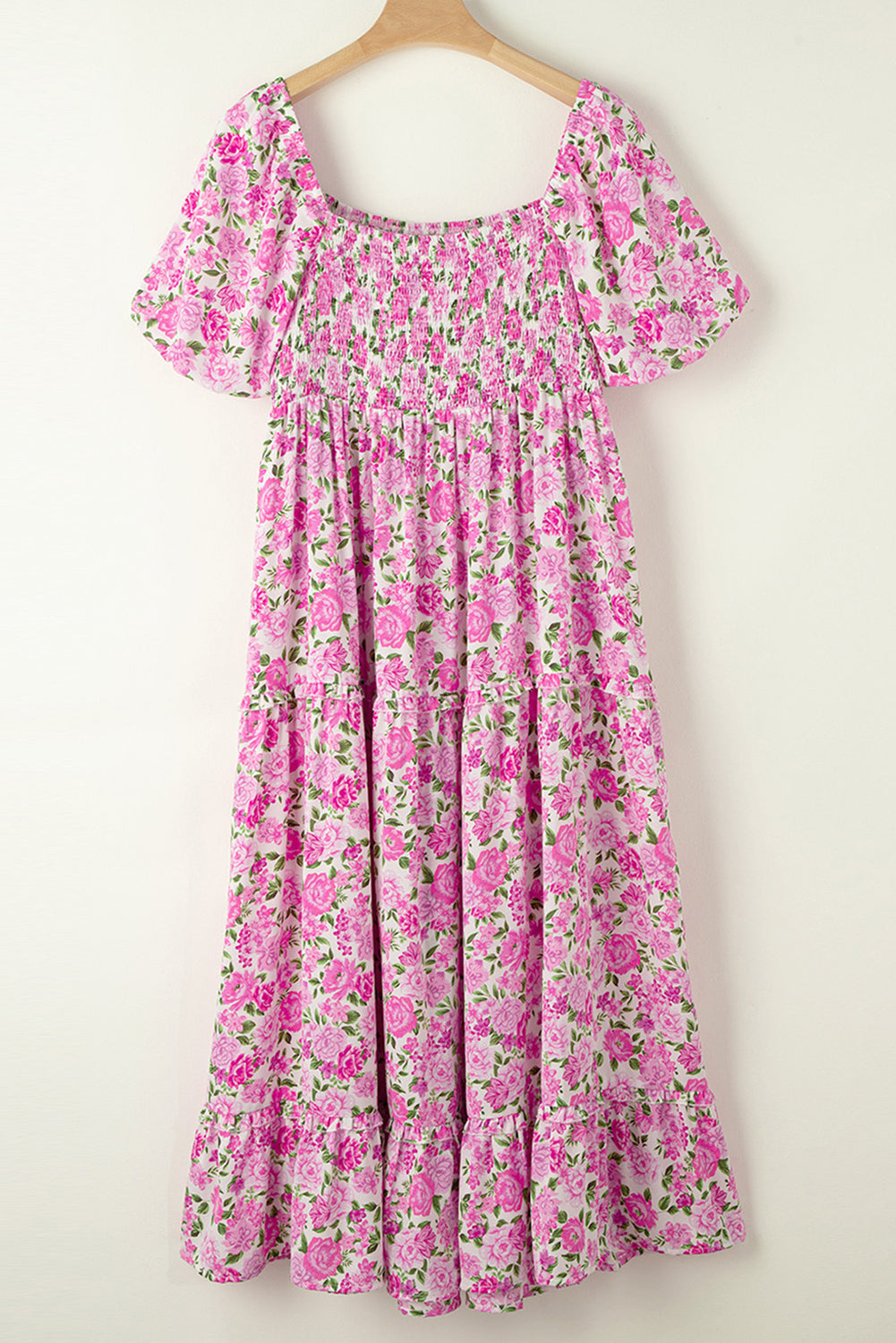 Pink Floral Smocked Puff Sleeve Flowy Midi Dress 9eca4828ba65a55f