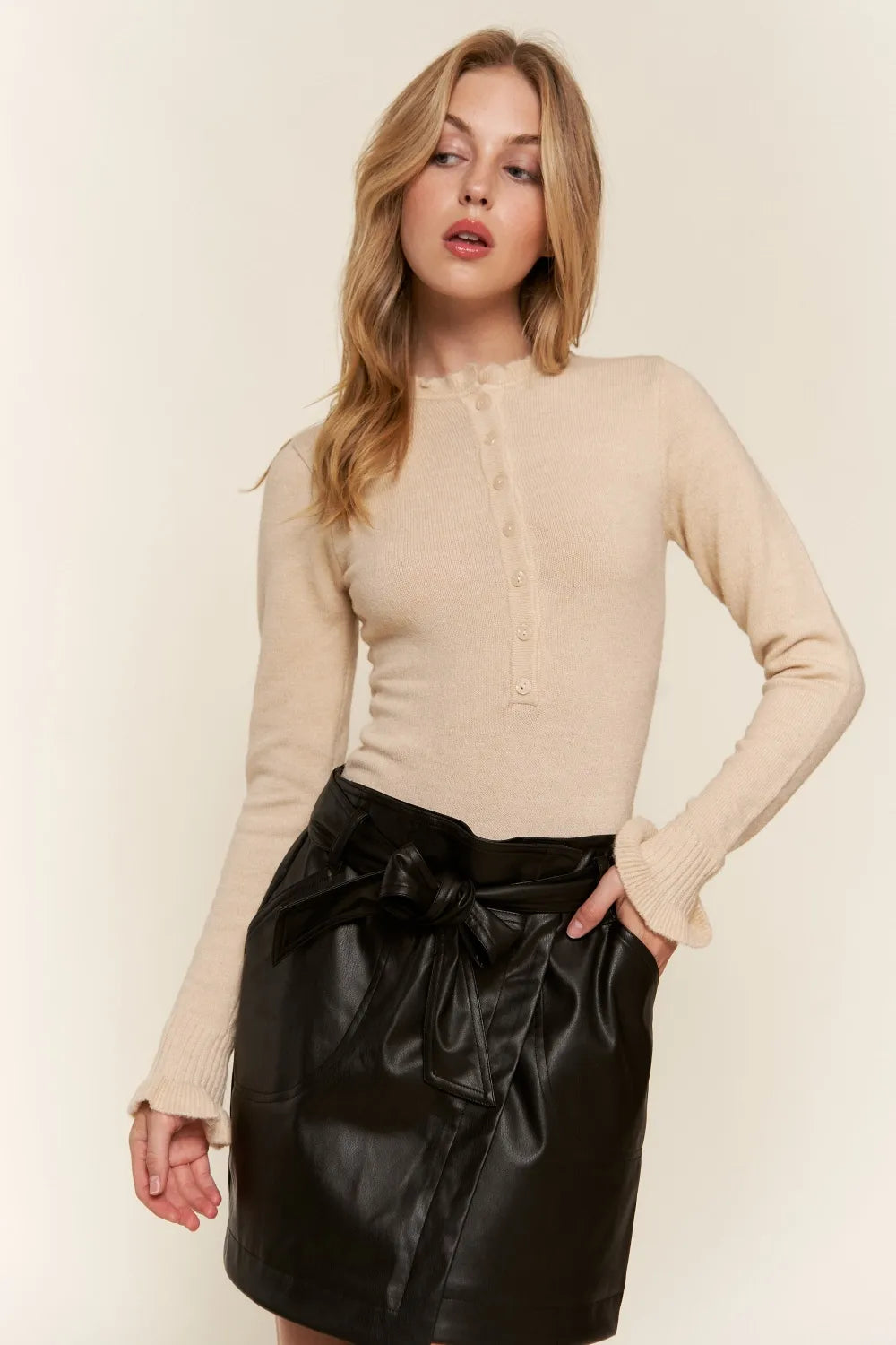 Half Button Round Neck Long Sleeve Ruffled Bodysuit Beige 9ecff3db-306c-47ee-85dc-f2647933797f-Max