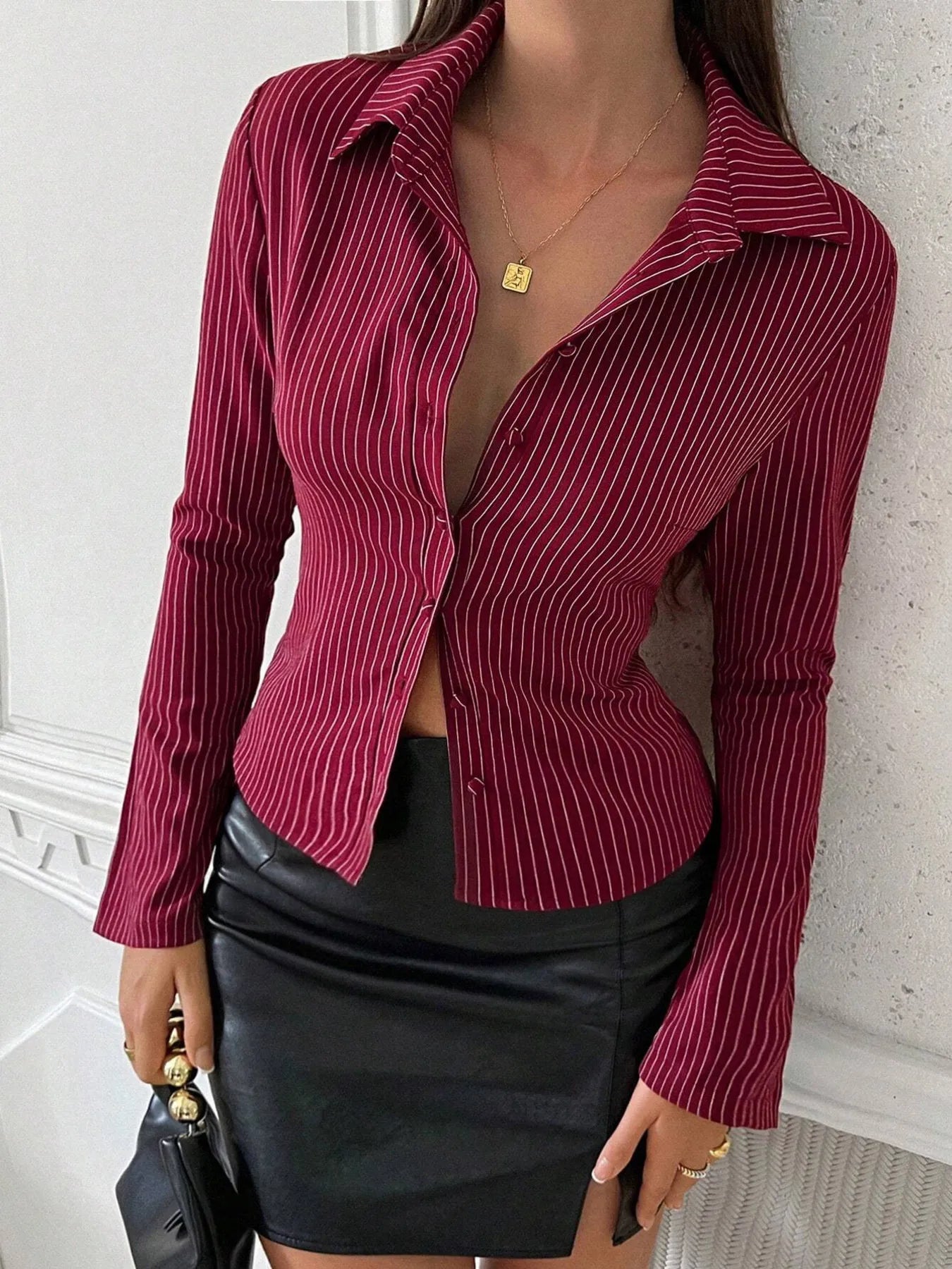 Striped Button Up Long Sleeve Shirt Wine Red 9ed463dc31504fcea7f8e966d9598be3-Max-Origin