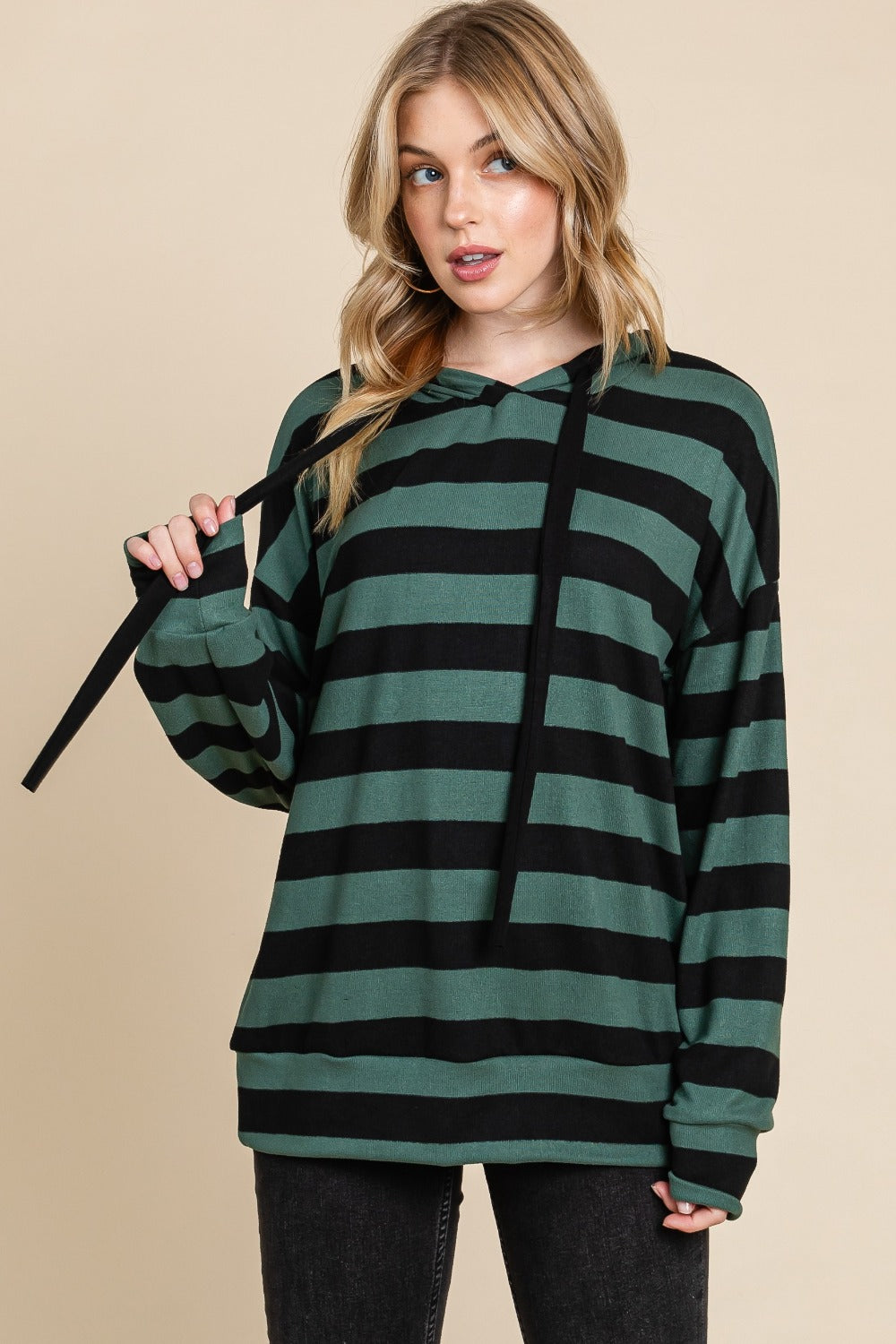 BOMBOM Drawstring Striped Dropped Shoulder Hoodie