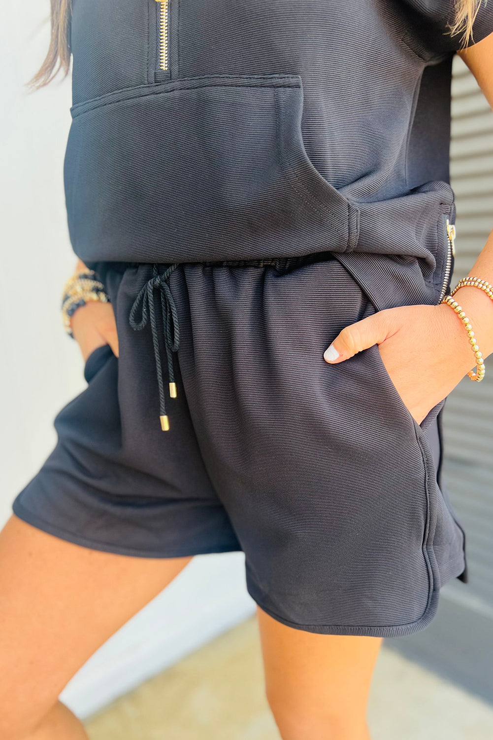 Black Half Zip Kangaroo Pocket Top Drawstring Shorts Set 9edaadae04c0f4b0