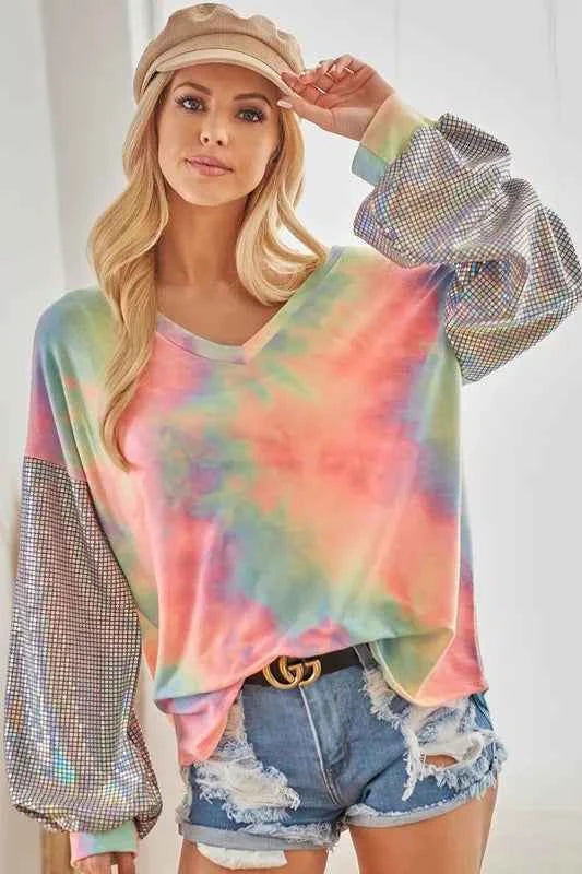V Neck Tie Dye French Terry Top with Shiny 9edaf42b14324f12a0f893978a06fb16-Max-Origin