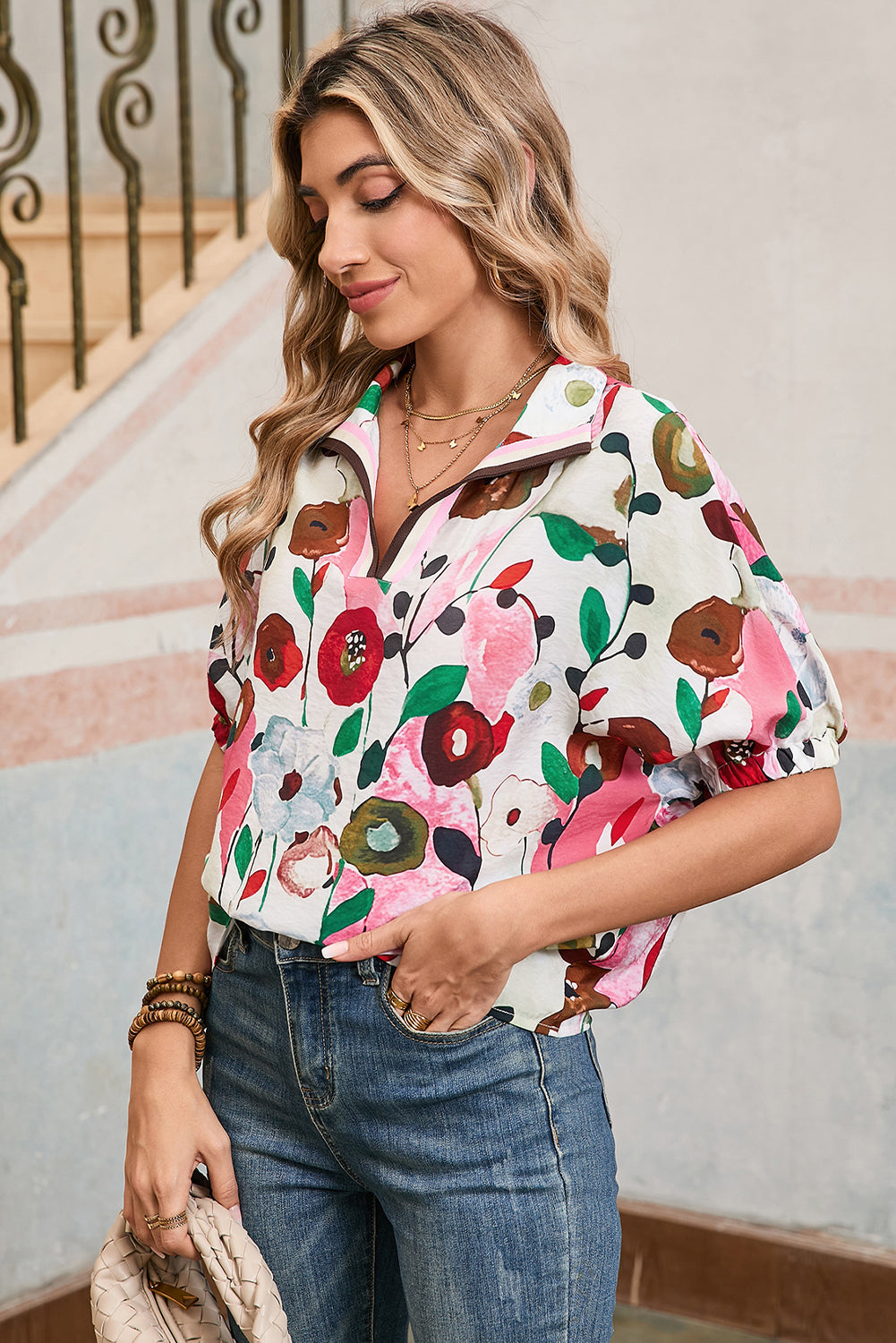 Pink Floral Print Boho Pop of Color Neckline Blouse 9edf95b64832d56e