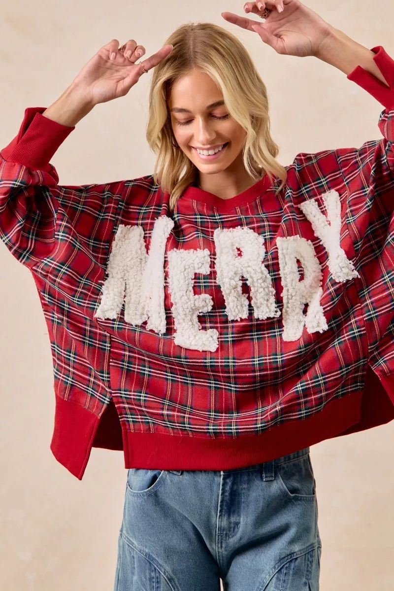 BiBi Merry Letter Patches Christmas Plaid Sweatshirt 9ee07804d6e34baea4ac91ae7c0e9bf5-Max-Origin