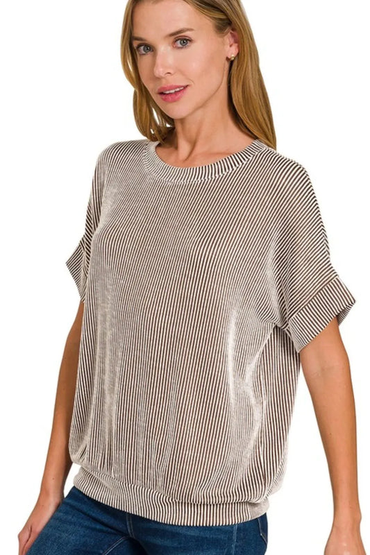 Zenana Corded Rib Short Sleeve T-Shirt BROWN 9ee0915d-1ab1-4d1a-bf0f-f8a4b287b3d6-Max-Origin