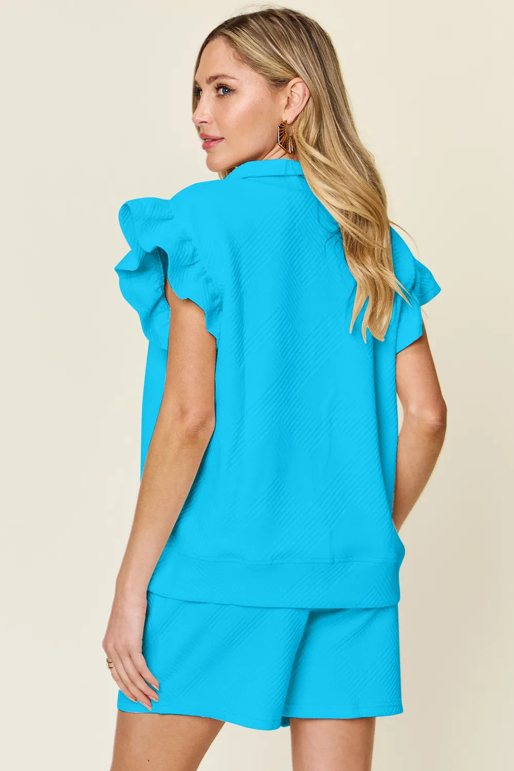 Double Take Full Size Texture Flounce Sleeve Top and Drawstring Shorts Set 9ee89c1f-7853-43ad-8b66-922aeb9f56b8-Max