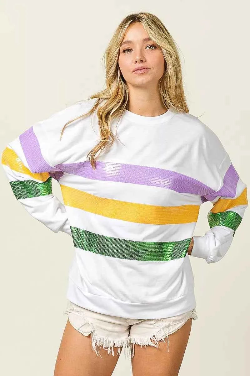 BiBi Sequin Mardi Gras Striped Round Neck Sweatshirt 9eebf8d4d31243b58b7c771754012660-Max-Origin