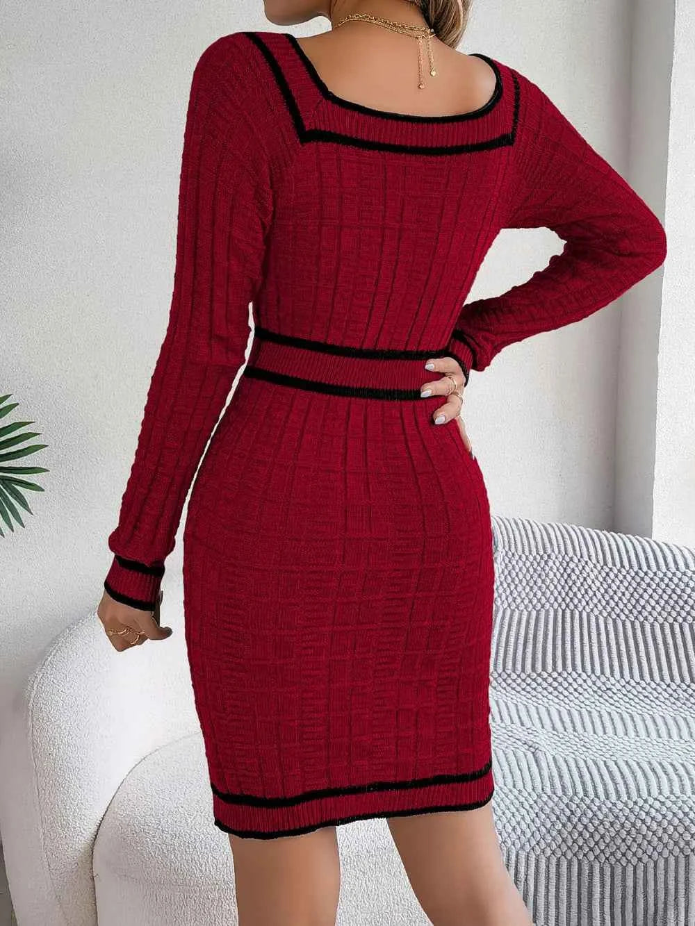 Contrast Trim Long Sleeve Sweater Dress 9eede840-6f22-4b2b-b499-f7f73fb1cf86-Max