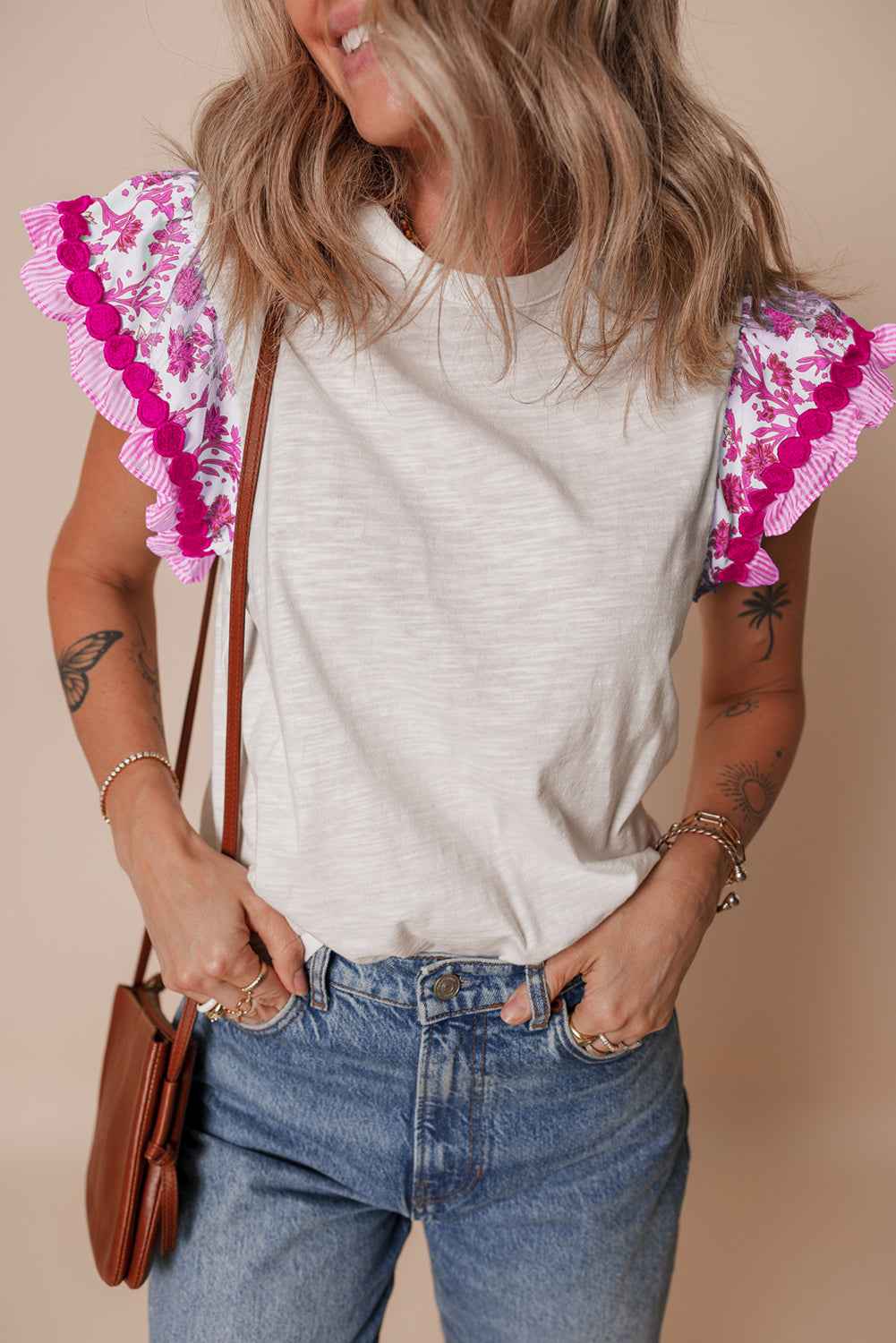 Blue Floral Striped Patchwork Flutter Sleeve Blouse 9ef21d2286e81df0