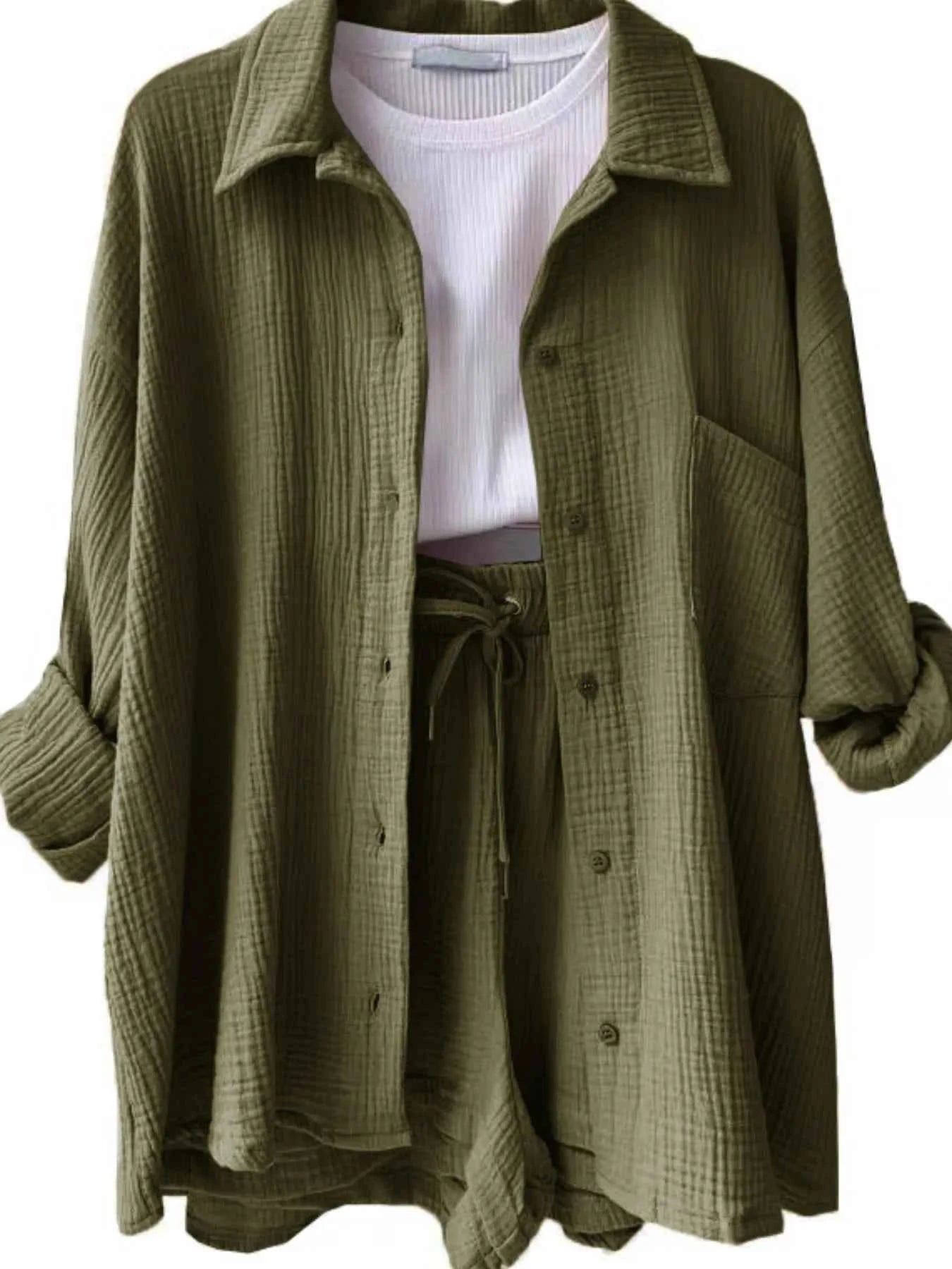 Textured Button Up Shirt and Shorts Set Moss 9ef5f84e-739b-4b8b-958d-76f66a91e521-Max-Origin