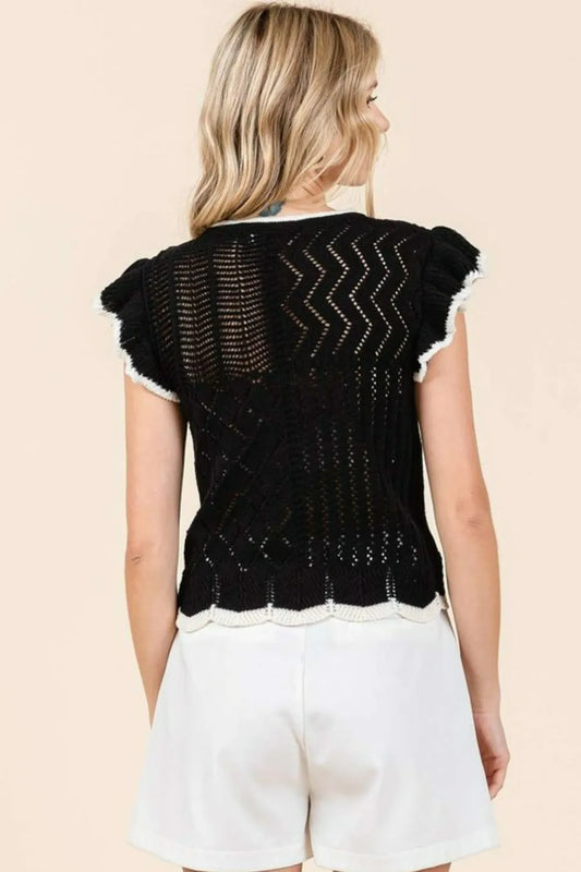 Mittoshop Openwork Contrast Trim Ruffled Cap Sleeve Knit Top 9ef8e25c-4591-4da5-9aa2-6b33968c6ba5-Max