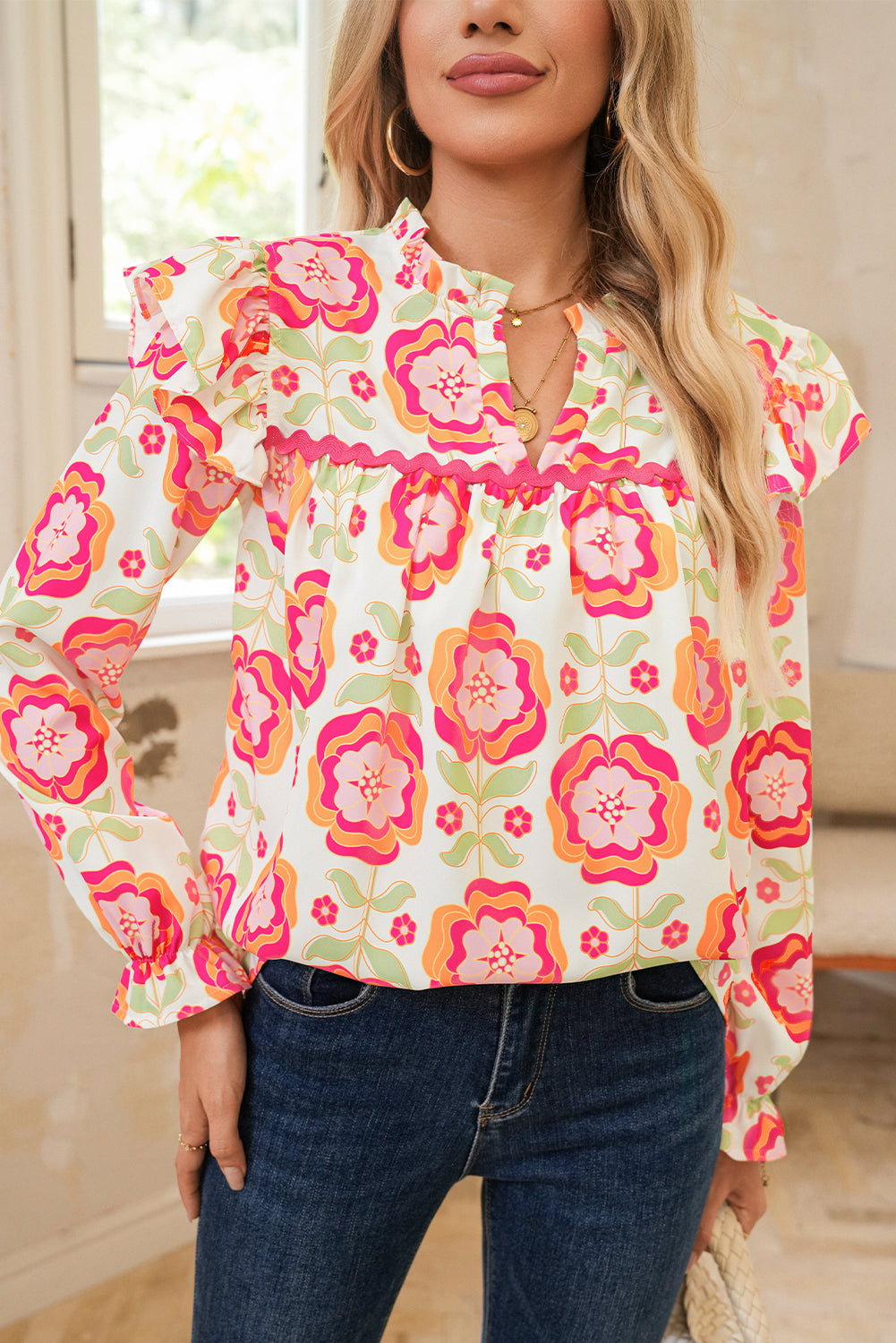 Rose Floral V Neck Ricrac Trim Ruffle Long Sleeve Blouse 9eff91b5f6905a28