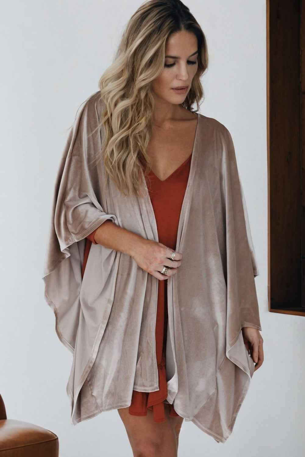 Smoke Gray 3/4 Sleeve Open Front Velvet Kimono 9f03c5b41cb94f15
