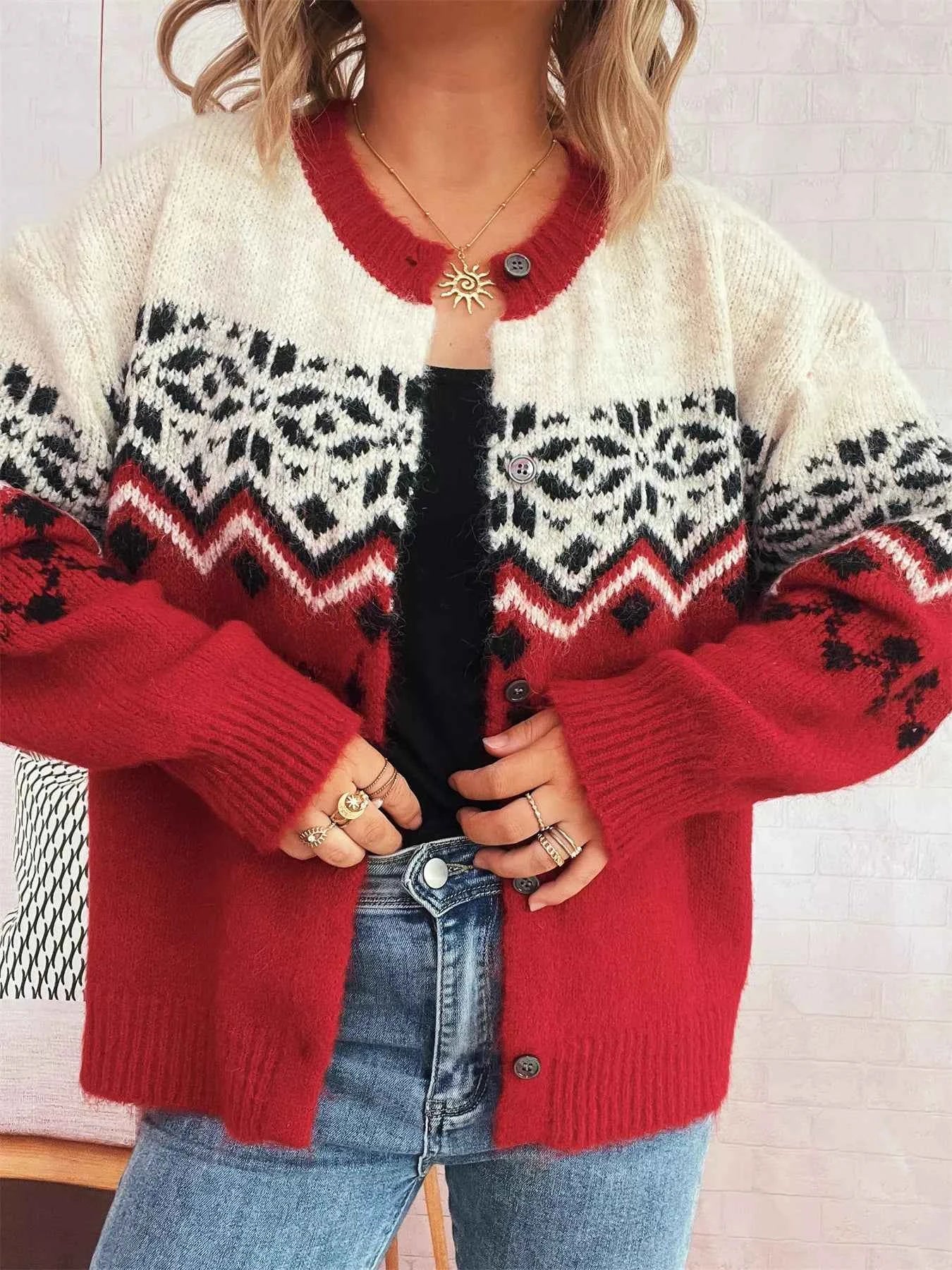 Christmas Button Up Drop Shoulder Cardigan Red One Size 9f057a9c3916480abd69a2293b0c9a15-Max-Origin