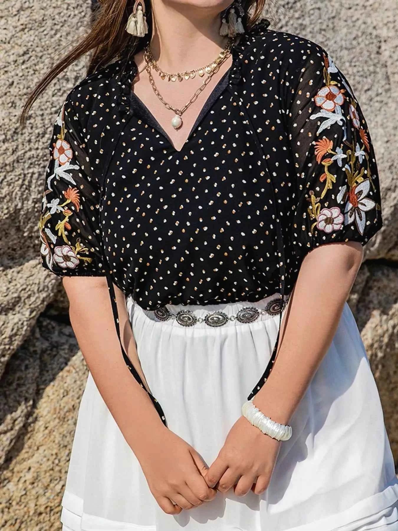 Plus Size Printed Tie Neck Half Sleeve Blouse Black 9f057d33-f801-4fa2-9439-b6c72c168eff-Max-Origin