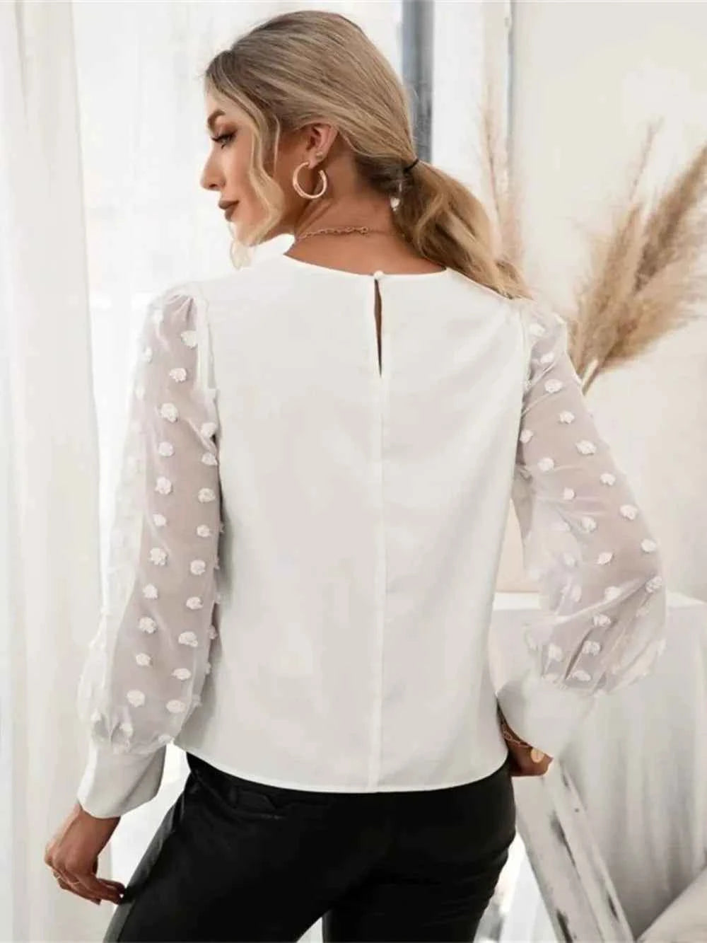 Swiss Dot Round Neck Long Sleeve Blouse 9f0a4c8d-9419-4069-b11d-77442a252051-Max