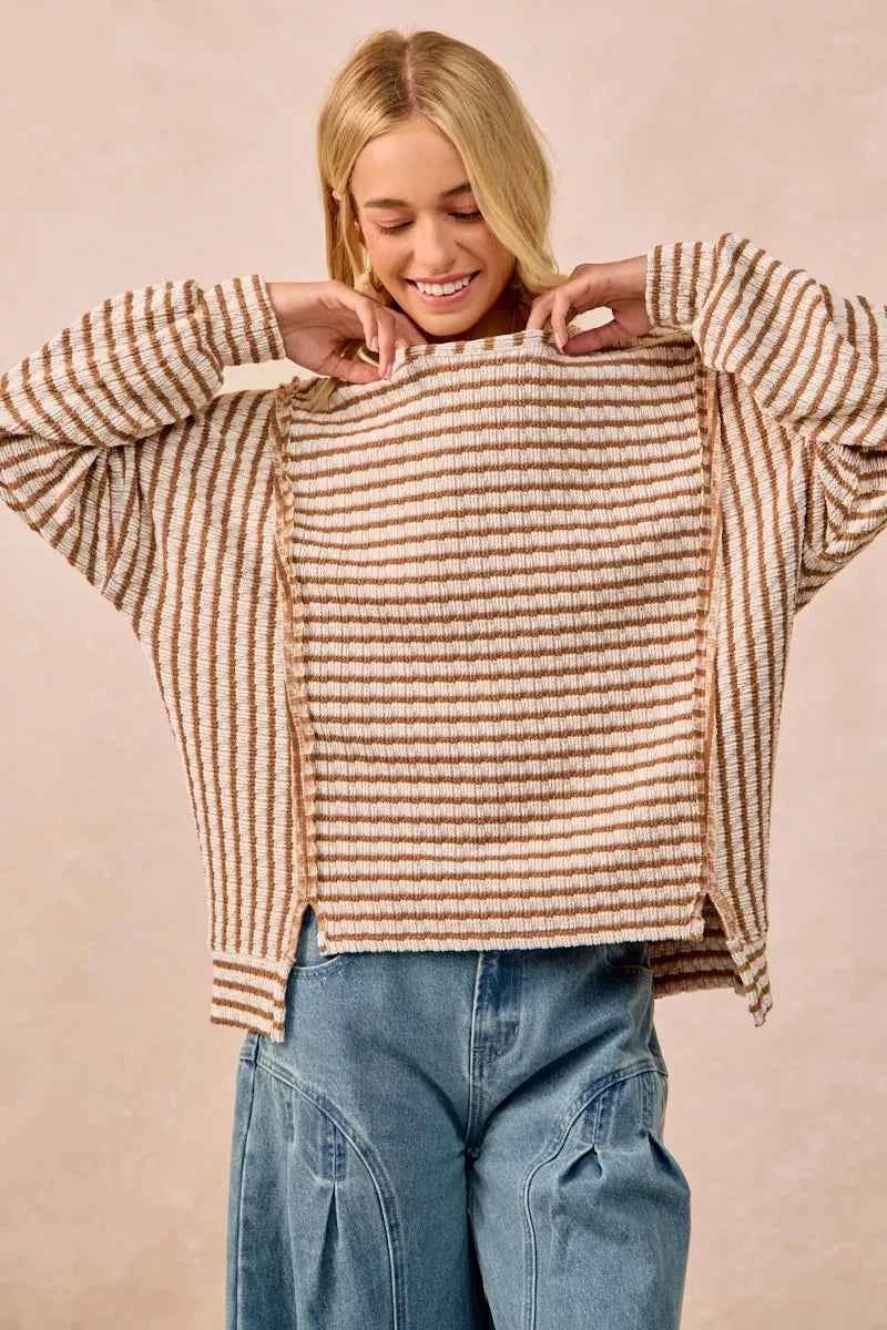 Open Seam Detail Textured Stripe Knit Top CAMEL 9f0de92887fb411b8eefd702449e3018-Max-Origin