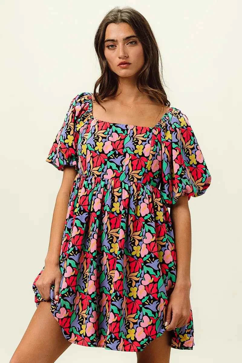 Floral Print Puff Square Neck Dress 9f165e0082524c548b2ec5e8e325750d-Max-Origin