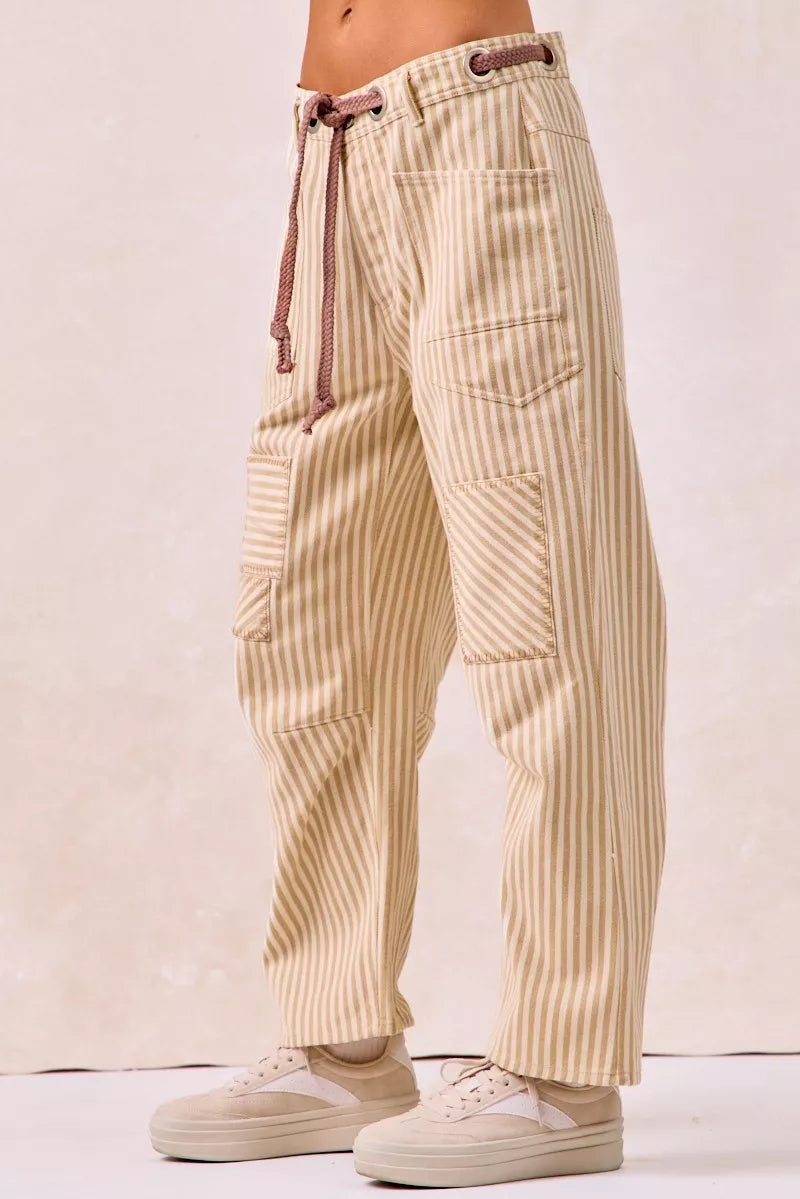 BiBi Drawstring Striped Twill Barrel Pants 9f18eb18292741958d94b306d61f31db-Max-Origin